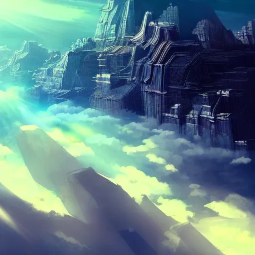 Image similar to beautiful surreal scenery artwork pixiv. gigantic architectural modern design node network of cloud computing soul dust. unthinkable dream cloud computer infinites. sublime god lighting, sun rays, cold colors. insanely detailed, artstation!! pixiv!! infinitely detailed