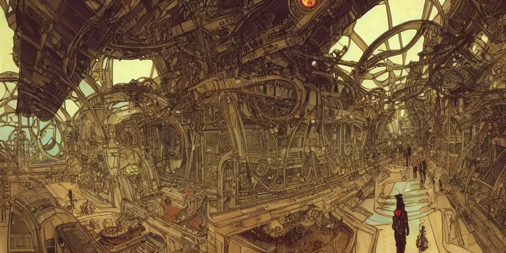 Image similar to wide angle view on steampunk airplane hallway, kid and mad scientist walking, giant video screens, sci - fi, big interior plants, retrofuturism, concept art by mucha and moebius and victo ngai, architecture by francois schuiten, clean line, diesel punk, artstation