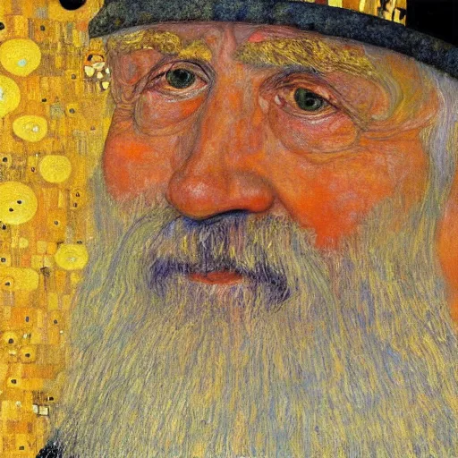 Image similar to detailing character concept portrait of old man by Gustav Klimt, on simple background, oil painting, middle close up composition