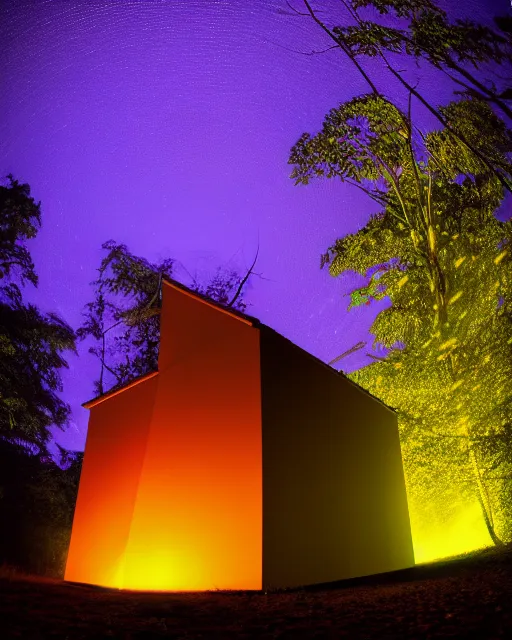 Image similar to building by diebedo francis kere, at night thermal vision rainforest lightpaint at dusk thermal imaging reclaimed by nature laser fisheye darkacademia forest myst hyperrealism, archdaily, wallpaper, highly detailed, trending on artstation.