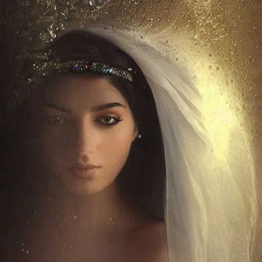 Image similar to beautiful Arab woman, white transparent veil black hair, bathing in a waterfall, swimming, ethereal, emotive, fine art, water mist, mystical, Romanticism, natural light, cinematic lighting, ultra detailed, highly detailed, sharp focus, golden background with flowers, golden jewelry with blue sapphires, photographic, art by artgerm and greg rutkowski and zdislav beksinski