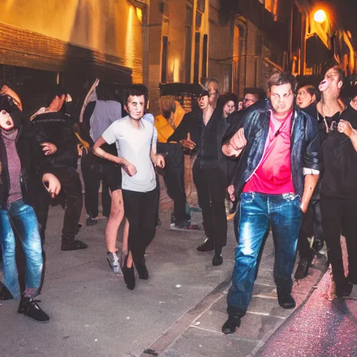 Image similar to Street photography, a group of people leaving a seedy nightclub at 3am, someone is smoking, someone is shouting