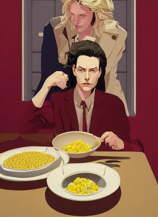 Prompt: Twin Peaks poster artwork by Michael Whelan and Tomer Hanuka, Karol Bak, Rendering of Tremond complains about the presence of creamed corn on her plate, and when Donna looks away the creamed corn miraculously appears in Tremond's grandson's hands, from scene from Twin Peaks, clean, full of details, by Makoto Shinkai and thomas kinkade, Matte painting, trending on artstation and unreal engine