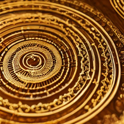 Image similar to a well - lit photo of an intricate gold filigree art nouveau set of concentric spheres on a wooden table, beautiful, detailed, flowing curves