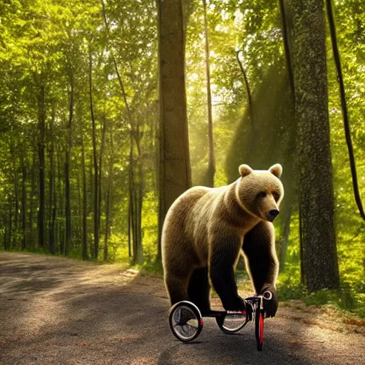 Image similar to A bear on a tricycle, riding on a nature trail in the forest, sunlight through the trees.