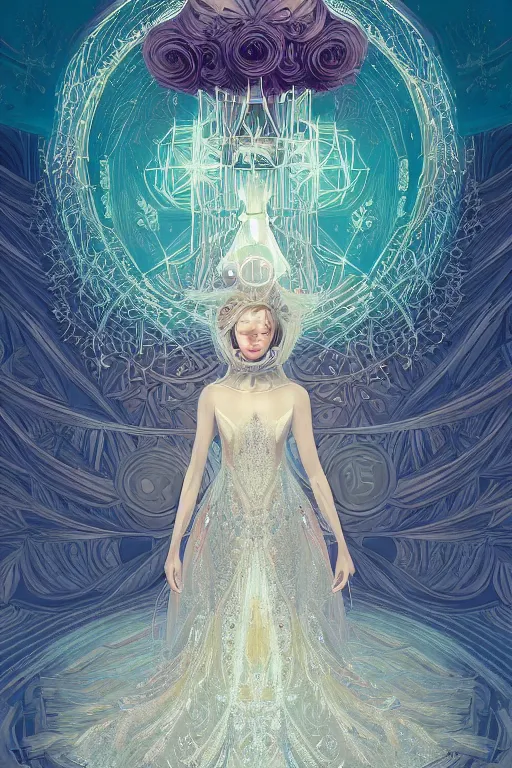 Prompt: beautiful detailed digital illustration of a beautiful magician , wearing crystal fractal tiara, Symmetrical composition, fantasy long intricate gown, sharp focus, octane render, high quality, 8k, volumetric lighting, color grading, by By James Jean and WLOP and Victo Ngai