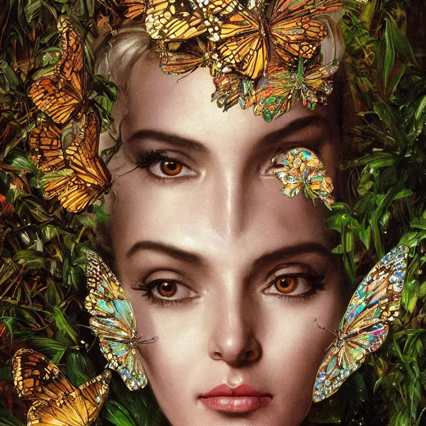 Prompt: baroque neoclassicist close - up portrait of a being wearing a reflective iridescent butterfly domino mask, in front of a wet jungle. silver butterflies. highly detailed science fiction painting by norman rockwell, frank frazetta, and syd mead. rich colors, high contrast, gloomy atmosphere. trending on artstation and behance.