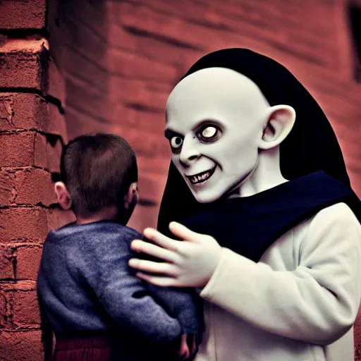 Image similar to portrait of nosferatu playing with his kid at the kindergarden, realistic detailed photography, 5 0 mm lens