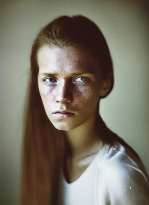 Prompt: Kodak Portra 400, 8K, highly detailed, britt marling style 3/4 dramatic photographic Close-up face of a extremely beautiful girl with clear eyes and brown hair , high light on the left, illuminated by a dramatic light, Low key lighting, light dark, Steve Mccurry, Lee Jeffries , Norman Rockwell, Craig Mulins ,dark background, high quality, photo-realistic.