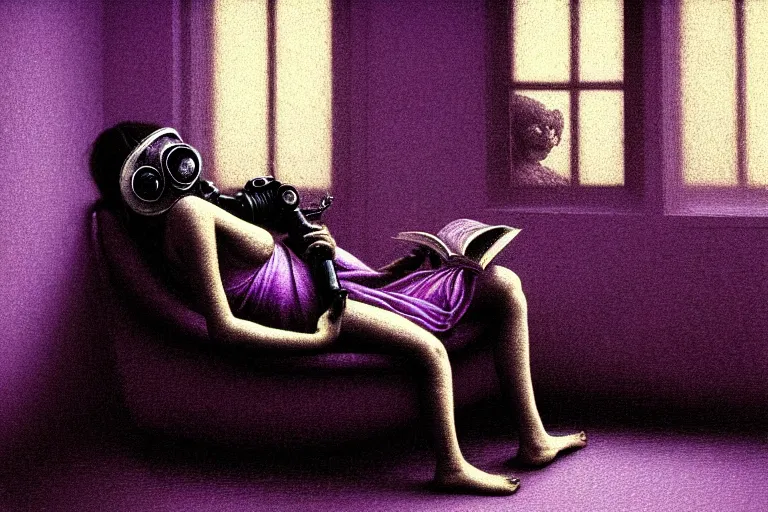 Image similar to girl with wearing a gas mask lying on the sofa reading a book in her room, in the style of beksinski, peaceful, calm, ambient, dreamy, intricate and epic composition, purple by caravaggio, insanely quality, highly detailed, masterpiece, purple light, artstation, 4 k