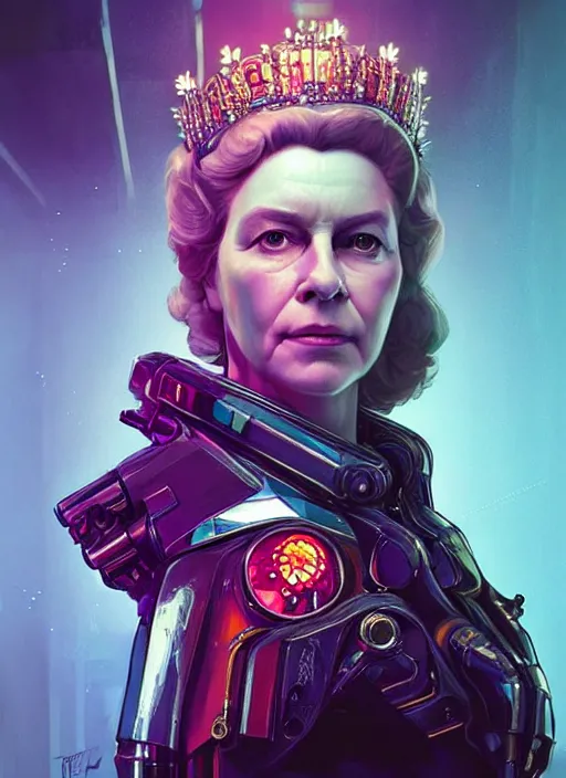 Image similar to portrait of queen elizabeth the second as a character in Cyberpunk 2077, looking at camera, intricate, dystopian, sci-fi, extremely detailed, digital painting, artstation, concept art, smooth, sharp focus, illustration, intimidating lighting, incredible art by artgerm and greg rutkowski and alphonse mucha and simon stalenhag