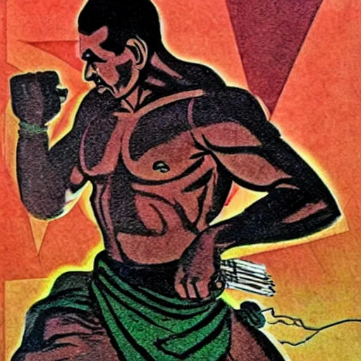 Image similar to Gandhi in an action pose in the style of jack kirby, comic book art, Jack kirby art,