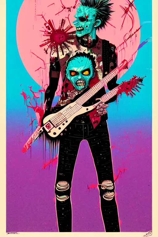 Image similar to risograph of a punk zombie playing guitar, tristan eaton, victo ngai, artgerm, rhads, ross draws, intricated details