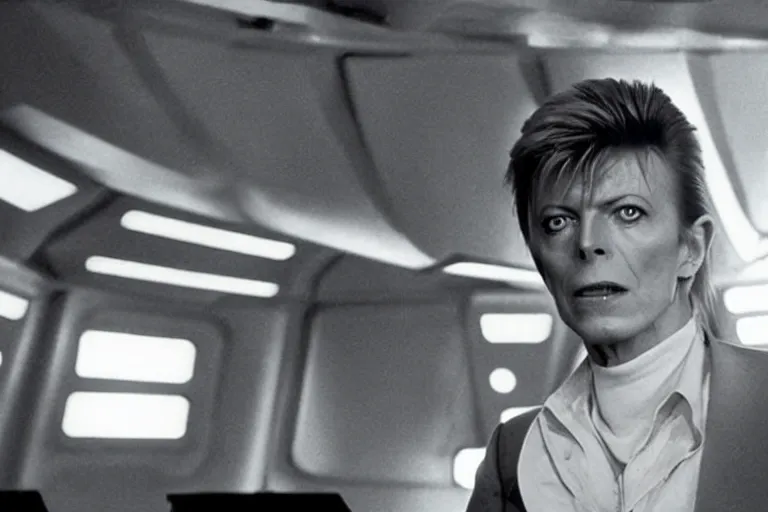 Prompt: David Bowie on the bridge of a starship, movie still