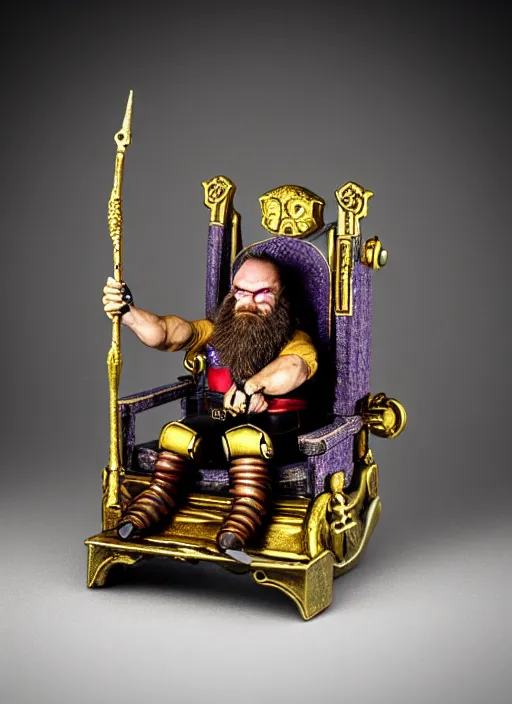 Image similar to dwarf fighter sitting in mechanical chair that has spider legs, gold and purple, exquisite details, black beard, white background, by studio muti