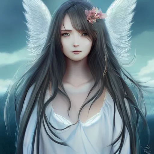 Prompt: girl with long hair and angel wings, serious, finely detailed, made by wlop, artgerm, ross tran, full body portrait, illustration, grass, sunny, sky, anime, side view, perfect anime face, detailed face, zoomed out, smooth,