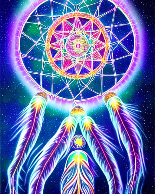 Image similar to detailed realistic dreamcatcher geometric glow painting a jellyfish emitting light in the cosmos by alex grey symmetry