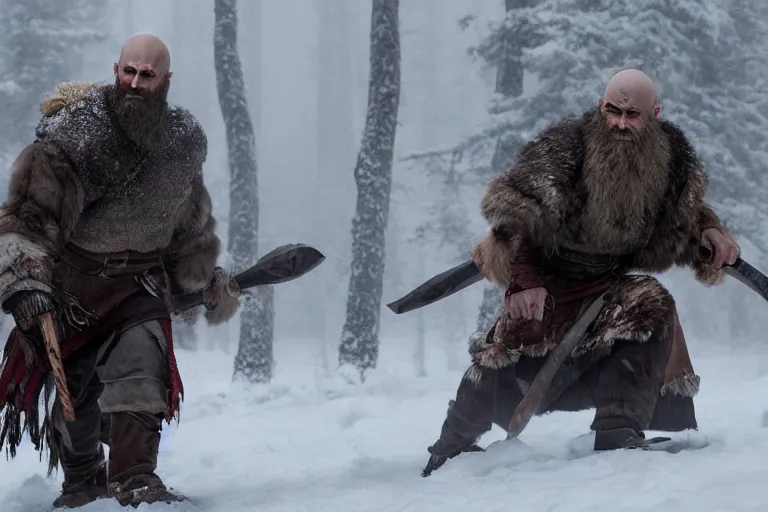 Image similar to vfx movie tough bald man in furs, natural grizzled skin, streaks of red face paint grey beard, dual wielding detailed viking war axes, in snowy tahoe, god of war by emmanuel lubezki