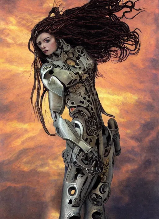 Image similar to a biblical diabolical beautiful female cyborg girl, long hair on the wind, adaptive armor, dynamic pose, heavy eyes to the side, art gallery, glowing veins and cracks, in clouds, sunset, portrait, by gerald brom, by mikhail vrubel, by peter elson, muted colors, extreme detail, reflections, trending on artstation, 8 k