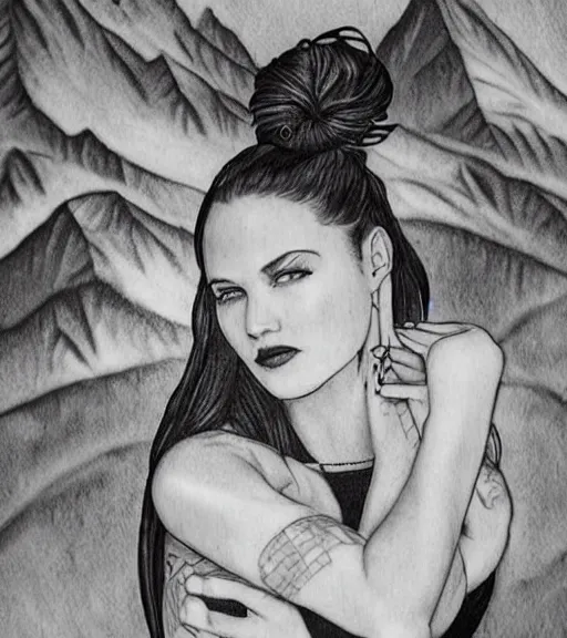 Prompt: tattoo design of beautiful woman portrait against a background of beautiful mountains and nature, in the style of den yakovlev, black and white, hyper realistic, highly detailed