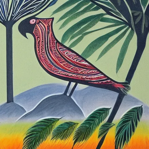 Image similar to A beautiful installation art of a bird in its natural habitat. The bird is shown in great detail, with its colorful plumage and intricate patterns. The background is a simple but detailed landscape, with trees, bushes, and a river. by José Clemente Orozco melancholic