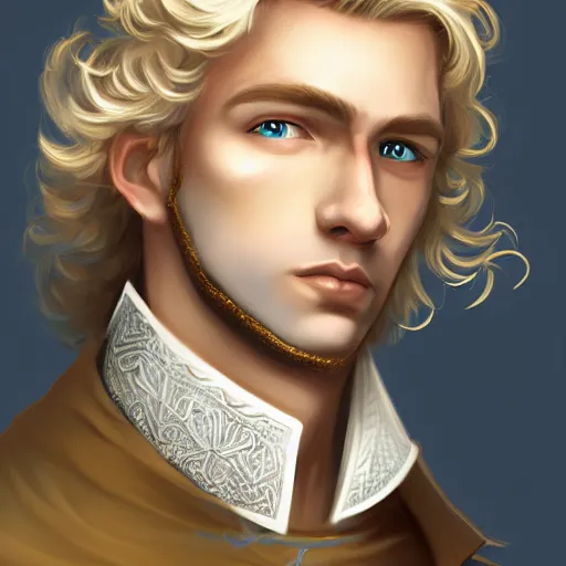 Image similar to portrait, 27 years old man, blue eyes, blond curls, charming, handsome :: rich expensive medieval clothes :: high detail, digital art, fantasy, RPG, concept art, illustration