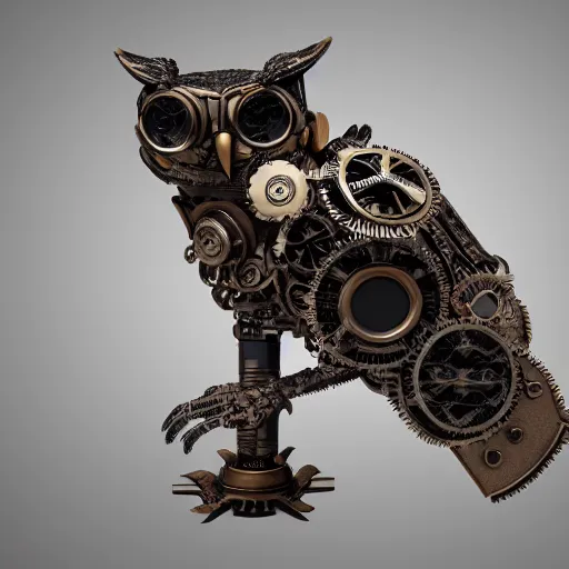 Image similar to render of a mechanical owl, steampunk style, 8k