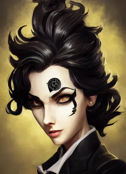 Image similar to a highly detailed illustration of beautiful short black messy haired woman wearing eyepatch and noir style suit and tie, yellow eyes, dramatic smiling pose, intricate, elegant, highly detailed, centered, digital painting, artstation, concept art, smooth, sharp focus, league of legends concept art, WLOP