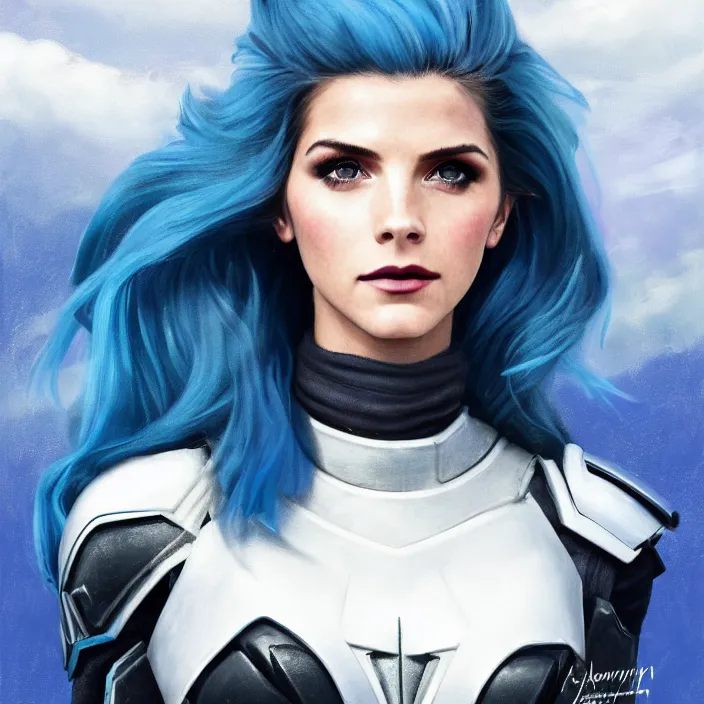 Image similar to portrait of a combination of Ashley Greene, Katheryn Winnick, Victoria Justice, Adriana Dxim, Grace Kelly and Emma Watson with blue hair wearing Interceptor's armor from Anthem, countryside, calm, fantasy character portrait, dynamic pose, above view, sunny day, thunder clouds in the sky, artwork by Jeremy Lipkin and Giuseppe Dangelico Pino and Michael Garmash and Rob Rey and Greg Manchess and Huang Guangjian, very coherent asymmetrical artwork, sharp edges, perfect face, simple form, 100mm