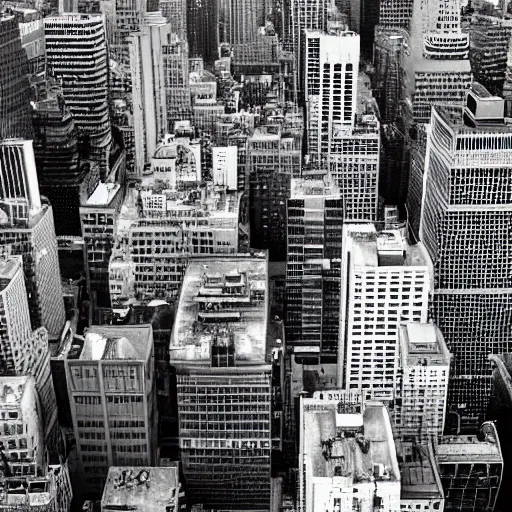 Image similar to busy city street, downtown manhattan, top down, business district, ultra realistic, black and white