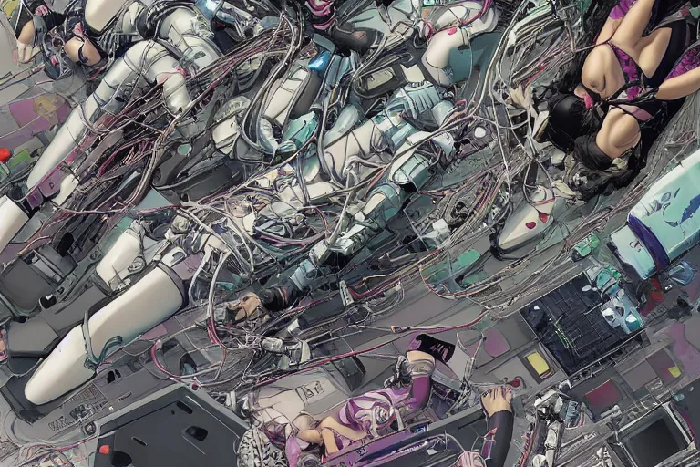 Prompt: a cyberpunk illustration of a group of coherent female androids in style of masamune shirow, lying on an empty, white floor with their bodies broken scattered rotated in different poses and cables and wires coming out, by yukito kishiro and katsuhiro otomo, hyper-detailed, intricate, colorful, view from above