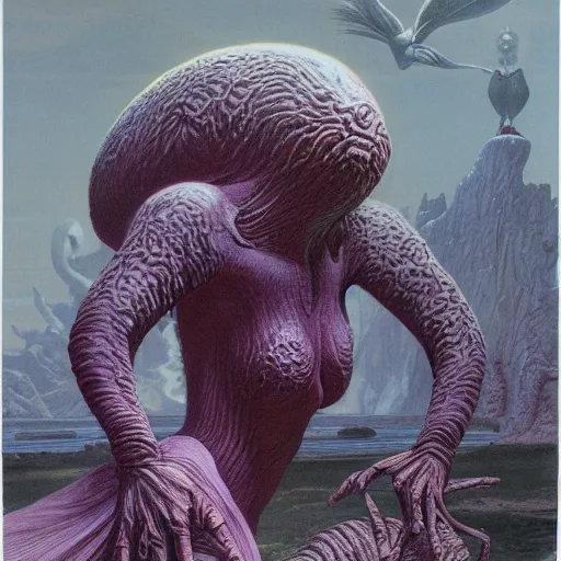 Prompt: portrait of a woman and her giant monster pet, by wayne barlowe