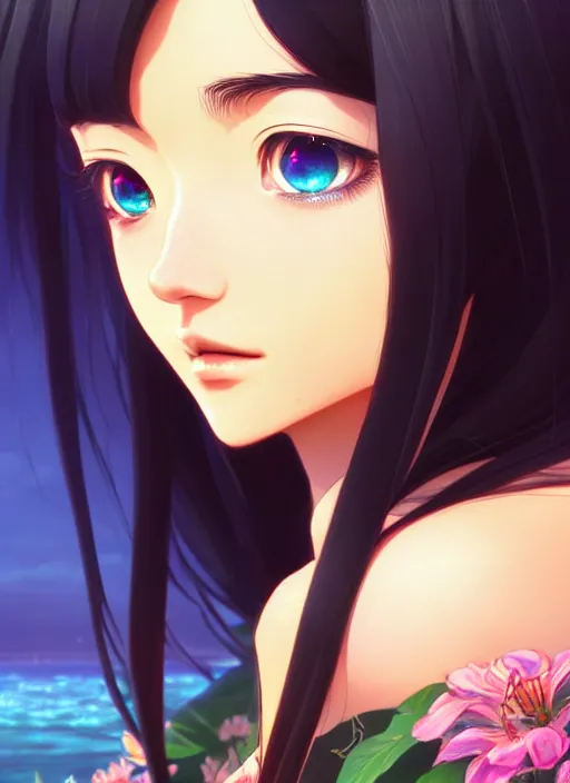 Image similar to a beautiful girl with long black hair in, island background, intricate, highly detailed, digital painting, artstation, official media, anime key visual, concept art, rich vivid colors, ambient lighting, sharp focus, illustration, art by Artgerm, Makoto Shinkai, Ilya Kuvshinov, Lois Van Baarle, and Rossdraws