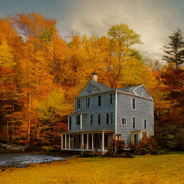 Image similar to yellow colonial new england house near a small river, fall foliage forest, large chimney, lights on inside, vermont mountain background, light cinematic, volumetric, realistic, cinematic lighting, ray tracing, unreal engine 5, octane render, hyper realistic, 8 k