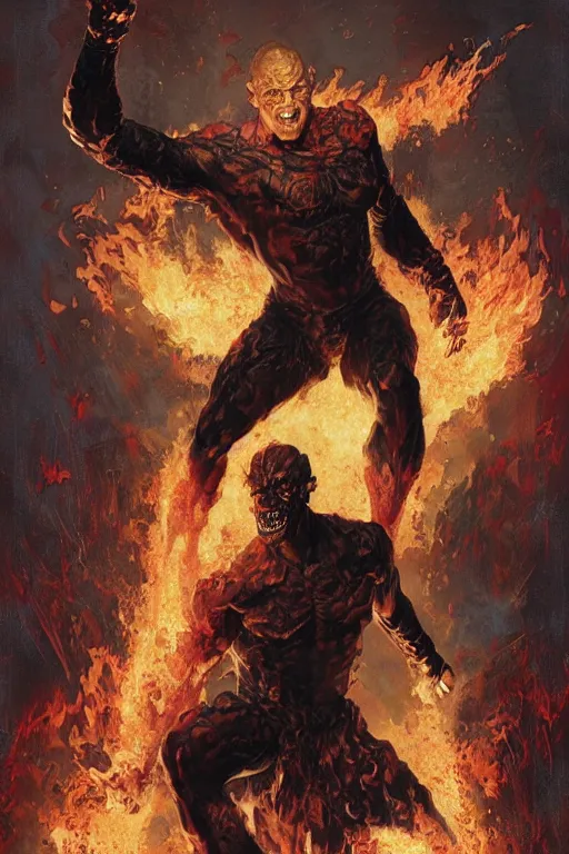 Image similar to full body portrait of martyn ford as flaming demon, dynamic action, by norman rockwell, jack kirby, bergey, craig mullins, ruan jia, jeremy mann, tom lovell, marvel, astounding stories, 5 0 s pulp illustration, scifi, fantasy