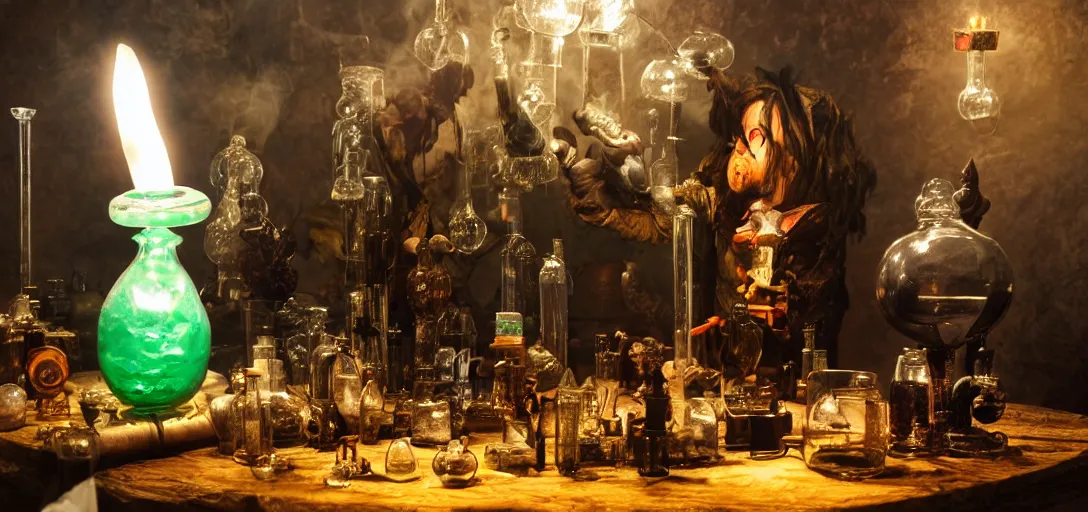 Prompt: fantasy Alchemist laboratory, scarecrows head on a table surrounded by interconnected glass pipes, spheres, bottles, and tubes filled with bubbling fluids and potions, harry potter, mystical, magical witchcraft, crystals, gemstones, runestones, mortar and pestle, old manuscripts and scrolls, brightly coloured smoke, eerie luminosity, dark and dusty, candle light, ray-traced, volumetric light, octane render, 4k, ultraHD