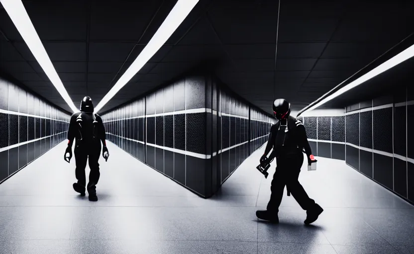 Image similar to Black quadcopters swarm the wide hallways in a futuristic prison underground with brutalist architecture, staff can be seen carrying black duffel bags, sigma 85mm f/1.4, 4k, depth of field, high resolution, 4k, 8k, hd, full color