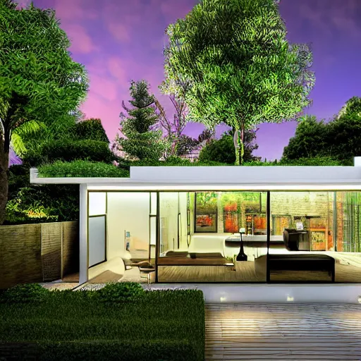 Prompt: design of a garden house, modern style, vivid lighting, photorealist