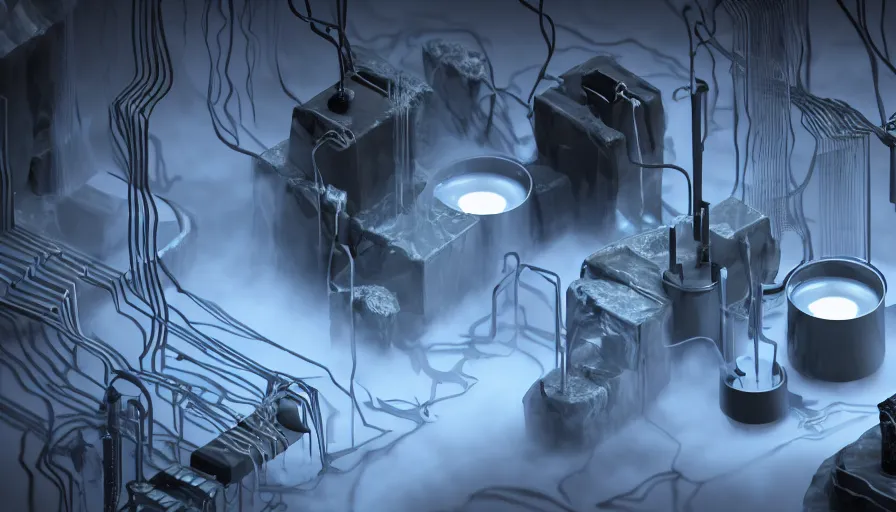 Prompt: liquid nitrogen with darkwater-cooling coolant flowing through latent representations of dark graphite caverns undergoing centrifugal forces, illuminated by computer circuitry sticking out the walls, high detail, high contrast, 90s low-poly render, 4k upscaling