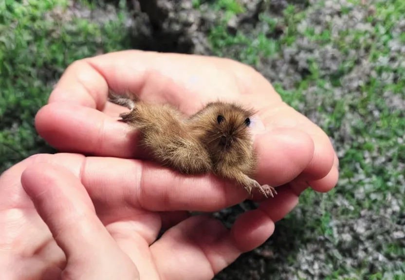 Image similar to a tiny creature resting in the palm of your hand. giant hand, little critter. sleepy, calm, relaxed, tranquil, 😴😪