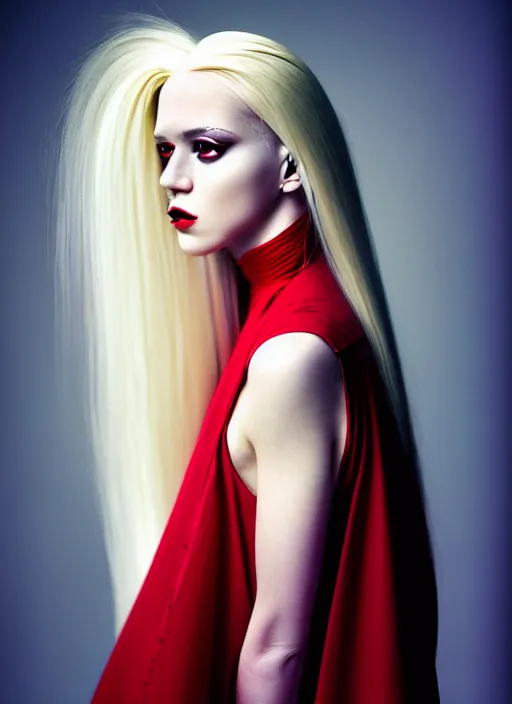 Prompt: kodak color plus 2 0 0 photo portrait of a beautiful woman with long blond hair dressed in long white, fine art photography light painting in style of paolo roversi, professional studio lighting, dark red background, hyper realistic photography, fashion magazine style