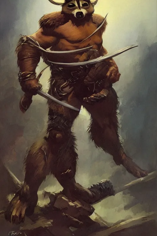 Image similar to a portrait of a male racoon folk barbarian by Frank Frazetta, WLOP and ross tran