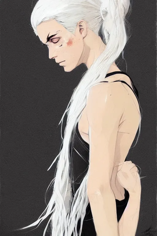 Image similar to a ultradetailed beautiful painting of a stylish woman in with white hair in a ponytail, she is wearing a black tank top, by conrad roset, greg rutkowski and makoto shinkai trending on artstation