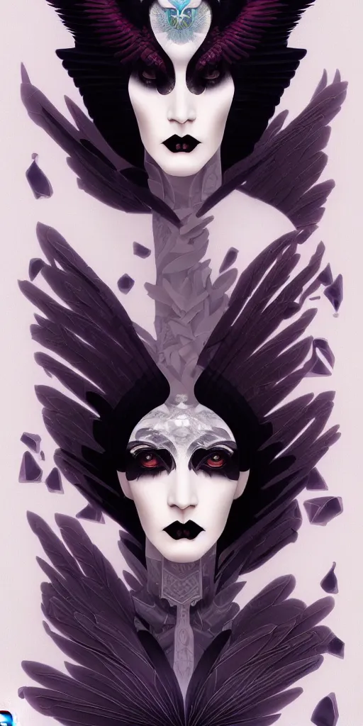 Image similar to breathtaking detailed concept art painting art deco portrait of a goth goddess amalgamation raven, by hsiao - ron cheng, bizarre compositions, exquisite detail, extremely moody lighting, 8 k