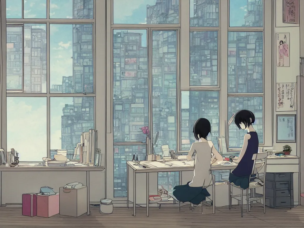 Prompt: beautiful drawing of a single female in her studio apartment sitting at her computer desk which is in front of a window which looks out to a futuristic city, japan, anime manga style, illustration, in the style of ghibli and hayao miyazaki and satoshi kon and shinichiro watanabe and sui ishida and makoto shinkai