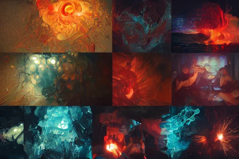 Image similar to arcs of flame, simulation of water splashes, shards of mercury, dramatic lighting, cyberpunk neon, secret cypher, red flowers, solar flares, intricate art by John Collier and Albert Aublet and Krenz Cushart and Artem Demura and Alphonse Mucha