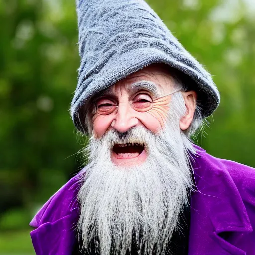 Prompt: emma watson as an old druid wizard, bushy grey eyebrows, long grey beard, disheveled, wise old man, wearing a grey wizard hat, wearing a purple detailed coat, a bushy grey beard, sorcerer, he is a mad old man, laughing and yelling