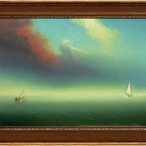 Image similar to red clouds and green ocean with sailboat painting by ivan aivazovsky