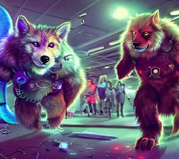 Image similar to high - resolution photograph from a biopunk era furry fandom convention ( midwest furfest 2 0 4 7 ), taking place after the genetic revolution and quantum singularity. photorealistic.