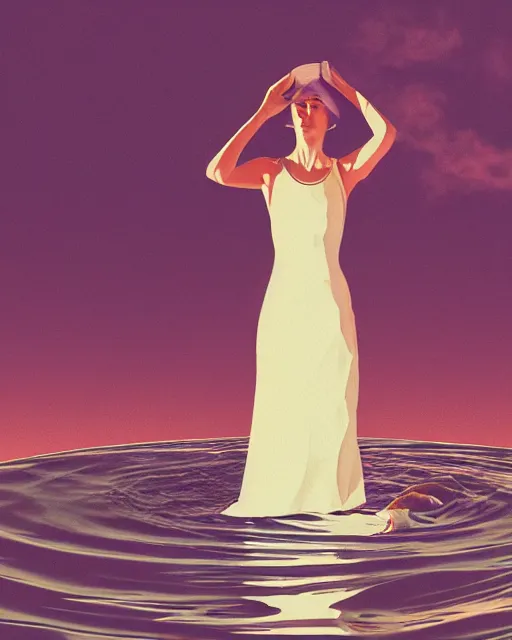 Image similar to a woman in a white dress standing in the water, an album cover by stanley twardowicz, trending on cg society, retrofuturism, retrowave, chillwave, synthwave